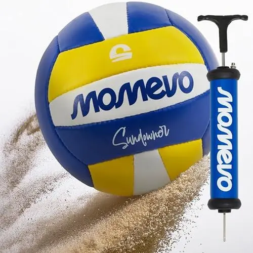 Produktbild: Momevo Sundowner Offizieller Beachvolleyball mit Ballpumpe, langlebig, offizielle Größe 5, handgenäht, weiche Oberfläche - für Outdoor Sandsport Strandsport Geschenk