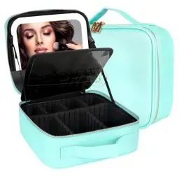 Produktbild: MOMIRA Make-up-Tasche mit beleuchtetem Spiegel, Kosmetiktasche, Organizer, abnehmbar, tragbar, Reise-Make-up-Tasche mit verstellbaren Trennwänden, Make-up-Pinsel-Aufbewahrung, wasserdicht, Aquablau