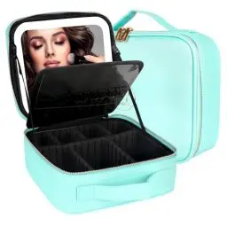 Produktbild: MOMIRA Reise-Make-up-Tasche Kosmetiktasche mit beleuchtetem Spiegel, Einstellbarer Helligkeit in 3 Farbszenarien, wasserdichte Makeup-Trainingsbox, Geschenk für Frauen - Aqua Blau