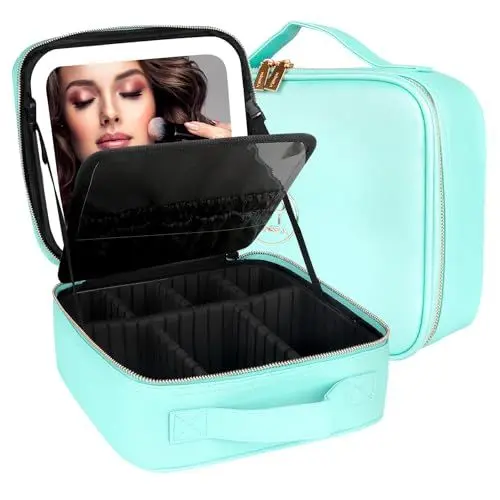 Produktbild: MOMIRA Reise-Make-up-Tasche Kosmetiktasche mit beleuchtetem Spiegel, Einstellbarer Helligkeit in 3 Farbszenarien, wasserdichte Makeup-Trainingsbox, Geschenk für Frauen - Aqua Blau