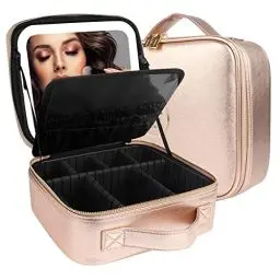 Produktbild: MOMIRA Reise-Make-up-Tasche Kosmetiktasche mit beleuchtetem Spiegel, Einstellbarer Helligkeit in 3 Farbszenarien, wasserdichte Makeup-Trainingsbox, Geschenk für Frauen - Champagner