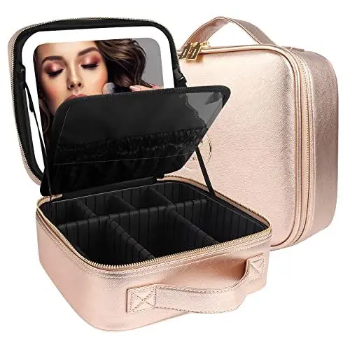 Produktbild: MOMIRA Reise-Make-up-Tasche Kosmetiktasche mit beleuchtetem Spiegel, Einstellbarer Helligkeit in 3 Farbszenarien, wasserdichte Makeup-Trainingsbox, Geschenk für Frauen - Champagner