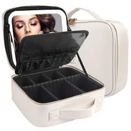 Produktbild: MOMIRA Reise-Make-up-Tasche Kosmetiktasche mit beleuchtetem Spiegel, Einstellbarer Helligkeit in 3 Farbszenarien, wasserdichte Makeup-Trainingsbox, Geschenk für Frauen - Khaki