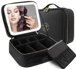 Produktbild: MOMIRA Reise-Make-up-Tasche Kosmetiktasche mit beleuchtetem Spiegel, Einstellbarer Helligkeit in 3 Farbszenarien, wasserdichte Makeup-Trainingsbox, Geschenk für Frauen - Schwarz