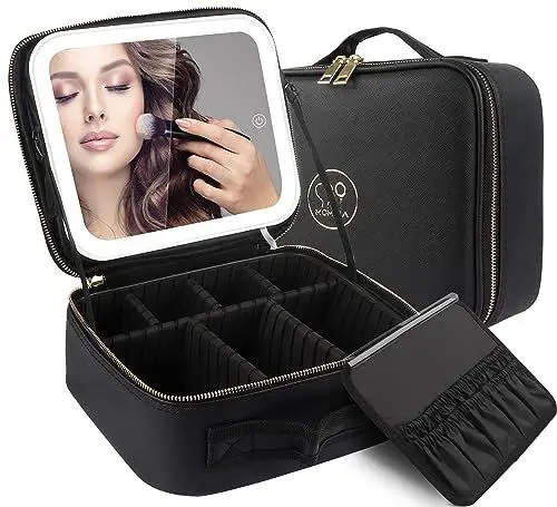 Produktbild: MOMIRA Reise-Make-up-Tasche Kosmetiktasche mit beleuchtetem Spiegel, Einstellbarer Helligkeit in 3 Farbszenarien, wasserdichte Makeup-Trainingsbox, Geschenk für Frauen - Schwarz