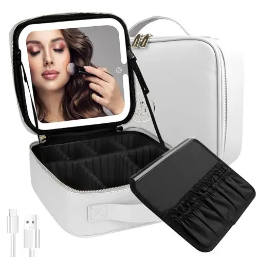 Produktbild: MOMIRA Reise-Make-up-Tasche Kosmetiktasche mit beleuchtetem Spiegel, Einstellbarer Helligkeit in 3 Farbszenarien, wasserdichte Makeup-Trainingsbox, Geschenk für Frauen - Silber