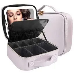 Produktbild: MOMIRA Reise-Make-up-Tasche Kosmetiktasche mit beleuchtetem Spiegel, Einstellbarer Helligkeit in 3 Farbszenarien, wasserdichte Makeup-Trainingsbox, Geschenk für Frauen - Violett Grau