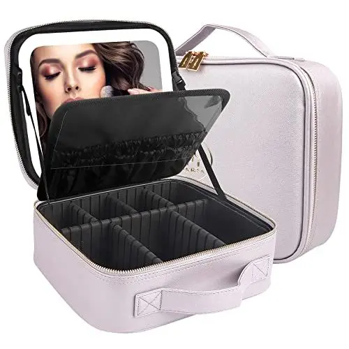 Produktbild: MOMIRA Reise-Make-up-Tasche Kosmetiktasche mit beleuchtetem Spiegel, Einstellbarer Helligkeit in 3 Farbszenarien, wasserdichte Makeup-Trainingsbox, Geschenk für Frauen - Violett Grau