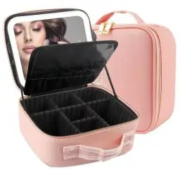 Produktbild: MOMIRA Reise-Make-up-Tasche Kosmetiktasche mit beleuchtetem Spiegel, Einstellbarer Helligkeit in 3 Farbszenarien, wasserdichte Makeup-Trainingsbox, Geschenk für Frauen - Rosa