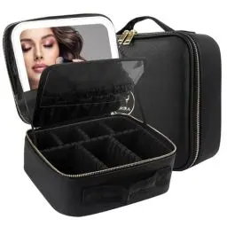 Produktbild: MOMIRA Reise-Schminktasche mit beleuchtetem Spiegel, einstellbare Helligkeit in 3 Farbszenarien, wasserdicht, 10x Vergrößerungsspiegel, drehbarer unabhängiger Lichtspiegel - Schwarz