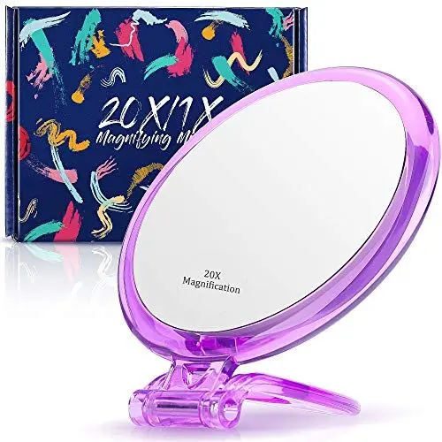 Produktbild: MOMOKUBA Vergrößerungsspiegel 20x/1x,Handspiegel, doppelseitiger Schminkspiegel mit Ständer,Vergrößerungsspiegel für Make-up, 12.5cm professioneller Handstand-Reisespiegel,Lila