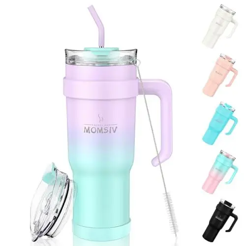 Produktbild: MOMSIV 40oz Thermobecher mit Stroh und Griff, 1100ml Kaffeebecher, Doppelwandiger Edelstahl Vakuum Auslaufsicher Isolierbecher Autobecher für Kalte Heiße Getränke, Violett-Grün