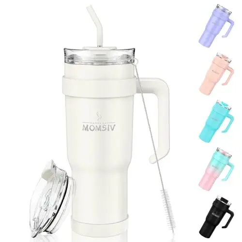 Produktbild: MOMSIV 40oz Thermobecher mit Stroh und Griff, 1100ml Kaffeebecher, Doppelwandiger Edelstahl Vakuum Auslaufsicher Isolierbecher Autobecher mit Deckel für Kalte Heiße Getränke, Beige