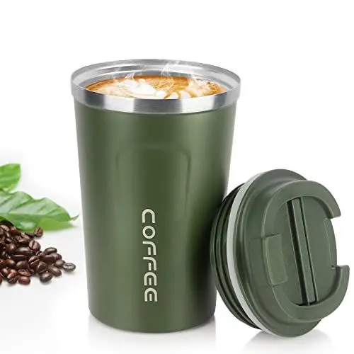 Produktbild: MOMSIV Becher, 380ml Edelstahlbecher mit auslaufsicherem Deckel, auslaufsicherer Reisebecher, doppelwandiger Design-Autobecher, geeignet für Kaffee, Tee und Wasser, grün