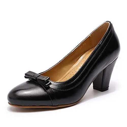 Produktbild: Mona flying Damen Handgefertigt Leder Blockabsatz Pumps Elegante High Heels Slip On Arbeitspumpen,Schwarz,38 EU
