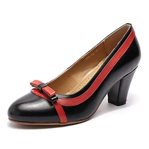 Produktbild: Mona flying Damen Handgefertigt Leder Blockabsatz Pumps Elegante High Heels Slip On Arbeitspumpen,Schwarz Rot,40.5 EU
