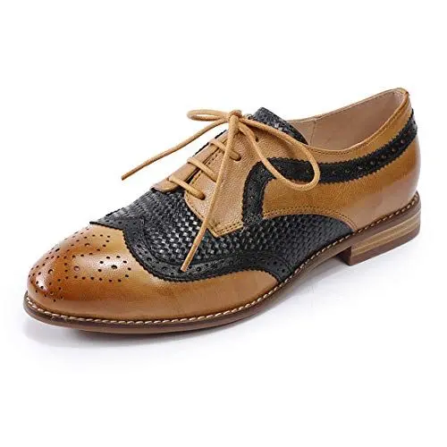 Produktbild: Mona flying Damen Handgefertigt Leder Brogue Oxford Zweifarbig Flache Lederschuhe Für Damen,Braun-schwarz,38 EU