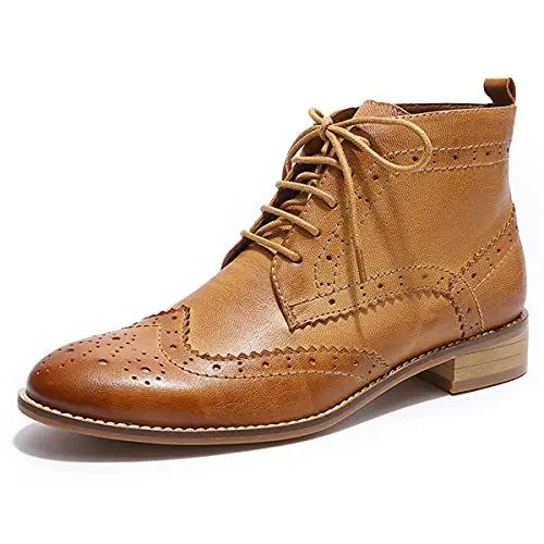 Produktbild: Mona flying Damen Handgefertigt Leder Lace Up Boots Brogue Wingtip Stiefel Blockabsatz Schnürschuhe,Braun,40 EU