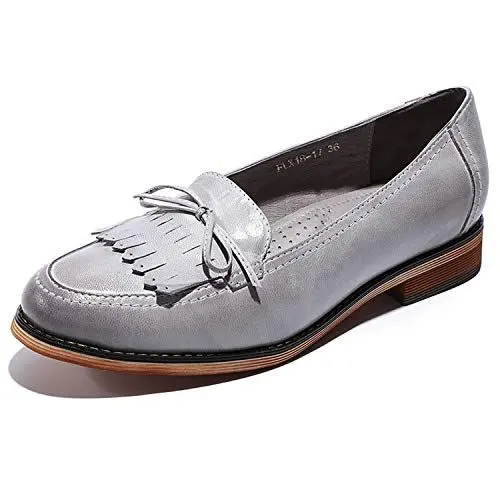 Produktbild: Mona flying Damen Handgefertigt Leder Loafers Quaste Slipper Schuhe Slip-On Flache Schuhe,Grau,39 EU