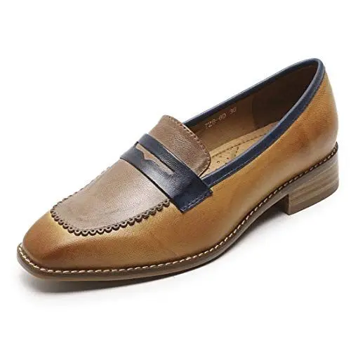 Produktbild: Mona flying Damen Viereckige Zehe Handgefertigt Leder Loafer Flats Mehrfarbig Slip-on Mokassin,Braun-Kaffee,39 EU