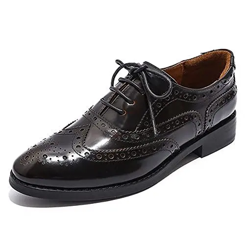 Produktbild: Mona flying Damen Wingtip Leder Flache Oxfords Lace Up Derbys Perforiert Handgefertigt Brogues,Gold-Schwarz,40.5 EU
