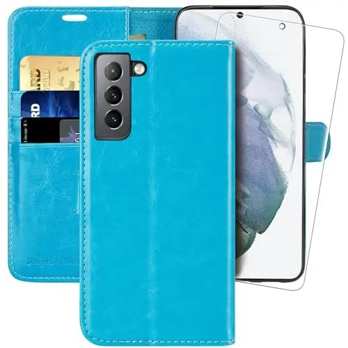Produktbild: MONASAY Handyhülle Fit für Samsung Galaxy S21 5G 6.2 Zoll Hülle,(Schutzfolie)(Kartenfach)(Standfunktion)(Magnet),Stoßfeste Schutzhülle,Premium Leder Flip Case, Hellblau