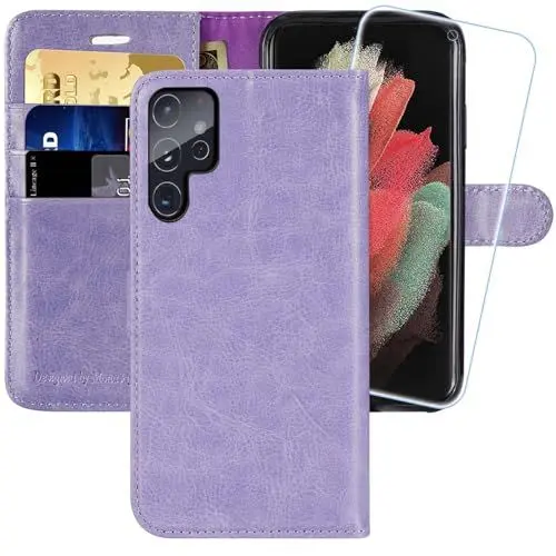 Produktbild: MONASAY für Handyhülle Samsung Galaxy S22 Ultra 5G 6.8 Zoll Hülle,(Schutzfolie)(Kartenfach)(Standfunktion)(Magnet),Stoßfeste Schutzhülle,Premium Leder Flip Case, Lavendel