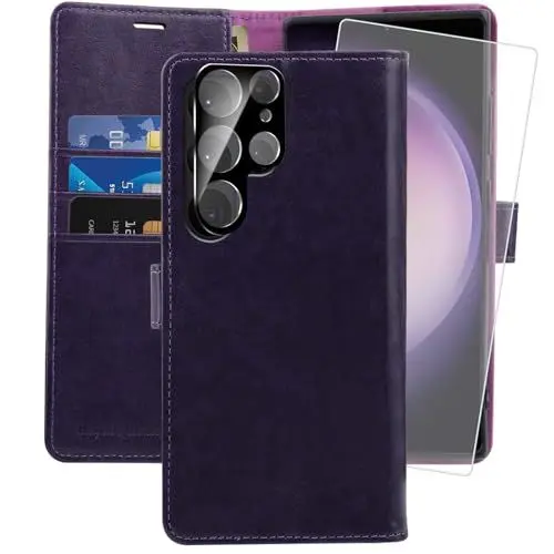Produktbild: MONASAY für Handyhülle Samsung Galaxy S24 Ultra 5G 6.8 Zoll Hülle,(Schutzfolie)(Kartenfach)(Standfunktion)(Magnet),Stoßfeste Schutzhülle,Premium Leder Flip Case,Violett