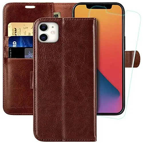 Produktbild: MONASAY Handyhülle Fit für iPhone 11 Hülle 6,1 Zoll,(Schutzglas)(Verdicktes TPU)(RFID Schützt)(Kartenfächer)(Standfunktion)(Magnet),Stoßfeste Schutzhülle Klapphülle Flip Case, Braun