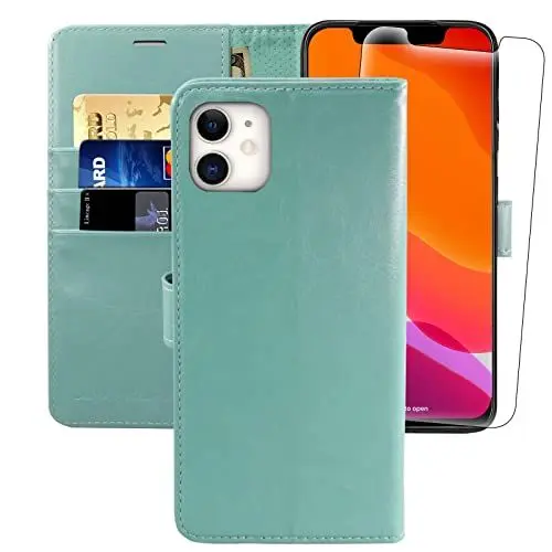 Produktbild: MONASAY Schutzhülle für iPhone 11, 15,5 cm (6,1 Zoll) (Glas-Displayschutzfolie im Lieferumfang enthalten), (RFID-Blockierung), Flip-Folio-Leder-Handyhülle mit Kreditkartenfach für iPhone 11, Mintgrün