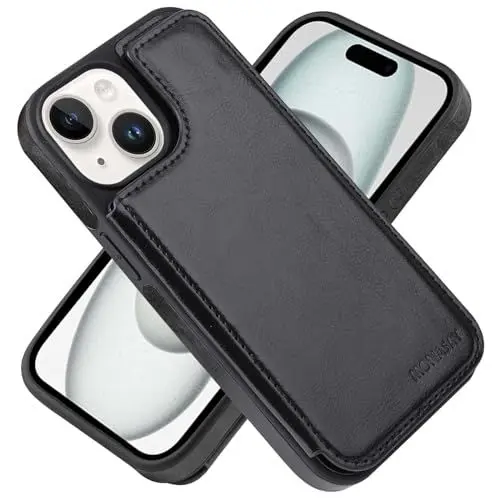 Produktbild: MONASAY Handyhülle Fit für iPhone 15 5G 6.1 Zoll Flip Case mit Kartenfach,(Schutzfolie)(RFID Schutz) Stoßfeste Klappbar Schutzhülle, Premium Leder Ständer Magnetische Hülle, Schwarz