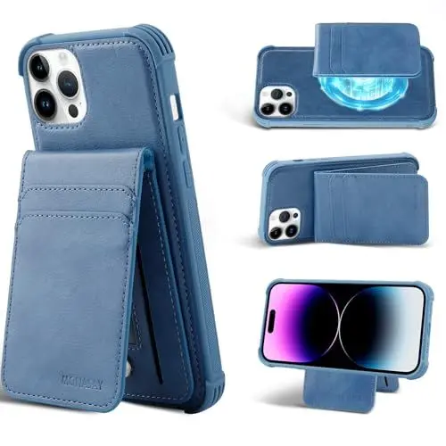 Produktbild: MONASAY Magnetischer Handy Schutzhülle Fit für iPhone 14 Pro Max Unterstützen für MagSafe, Rückseite Flip Leder Handyhülle mit Abnehmbaren RFID Blocking Kartenhalter Kartenetui Geldbörse, Blassblau