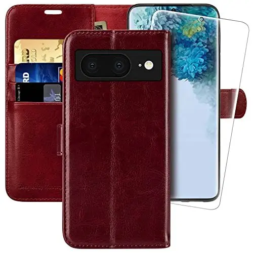 Produktbild: MONASAY für Schutzhülle Google Pixel 8 5G, (Displayschutzfolie im Lieferumfang enthalten) (RFID-blockierend) Flip Folio Leder Handyhülle mit Kreditkartenfach, Burgundy