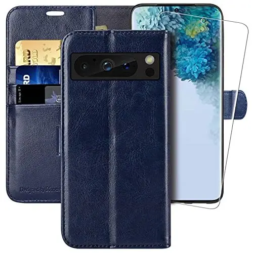Produktbild: MONASAY für Schutzhülle Google Pixel 8 Pro 5G, (Displayschutzfolie im Lieferumfang enthalten) (RFID-blockierend) Flip Folio Leder Handyhülle mit Kreditkartenfach, Blau
