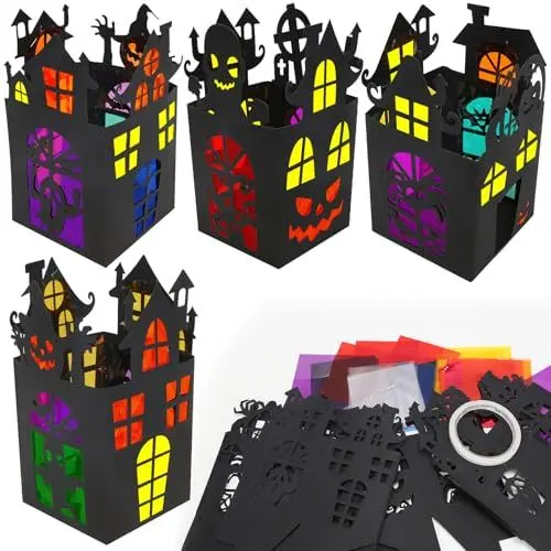 Produktbild: MONCAP 12 Stück Halloween Spukhaus Bastelset Kinder Halloween Geisterhaus Basteln Halloween Kreativsets Laternen Papierbastelset Halloween Deko Basteln für Mädchen Jungen Halloween Party Geschenk