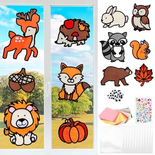 Produktbild: MONCAP 12 Stück Herbst Basteln Kinder Tier Bastelset Papierbastelset Kreativsets Mit Igel Eule Herbstdeko Fensterbilder Kunsthandwerk für Mädchen Jungen Party Geschenk