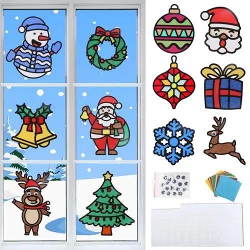 Produktbild: MONCAP 12 Stück Weihnachten Basteln Kinder Weihnachten Fensterbilder Bastelset Weihnachten Kreativset Papierbastelset Weihnachtsdeko Kreative DIY für Mädchen Jungen Weihnachten Winter Party Geschenk