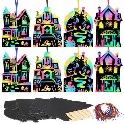 Produktbild: MONCAP 24 Stück Halloween Kratzbilder Kinder Spukhaus Bastelset Halloween Geisterhaus Kreativsets Halloween Kratzpapier Scratch Art für Mädchen Junge Halloween Party Geschenk