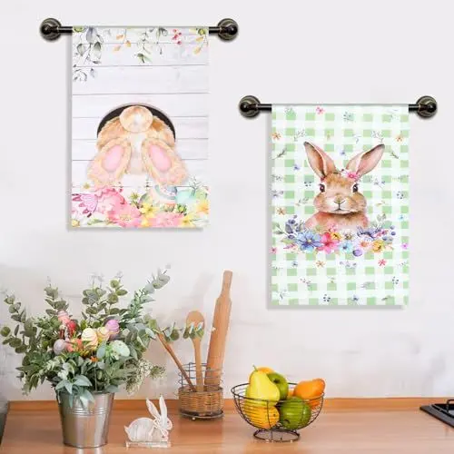 Produktbild: MONCAP 2 Stück 40 * 60cm Ostern Küchentücher Kaninchen Geschirrtücher Kaninchen Handtücher Saugfähig und Weiche Küchenhandtücher für Osterndeko Frühling Ostern Party Geschenke (40 x 60cm)