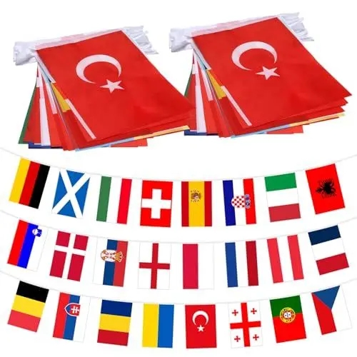 Produktbild: MONCAP 2 Stück Länder Fahnen Wimpelkette 2024 Fußball Flaggen 24 Länderflaggen Wimpel Girlande Fahnenkette 2024 für Fußball Party Sportvereine Garten Bar(14x21cm-8m)