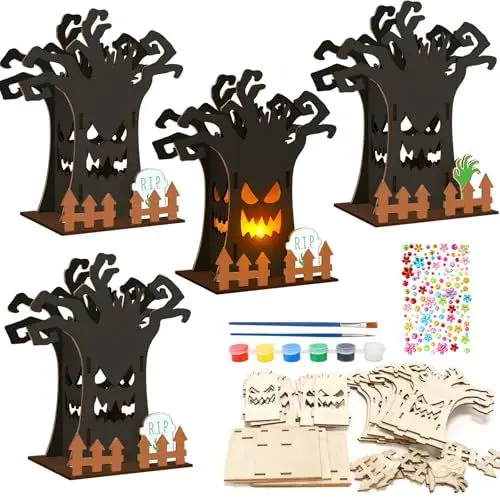 Produktbild: MONCAP 4 Stück Halloween Baum Bastelset Kinder Halloween Basteln Deko Holz Baum zum Bemalen Halloween Holzbastelset Kreativsets mit 2 Pinsel für Halloween Party Geschenk Jungen Mädchen