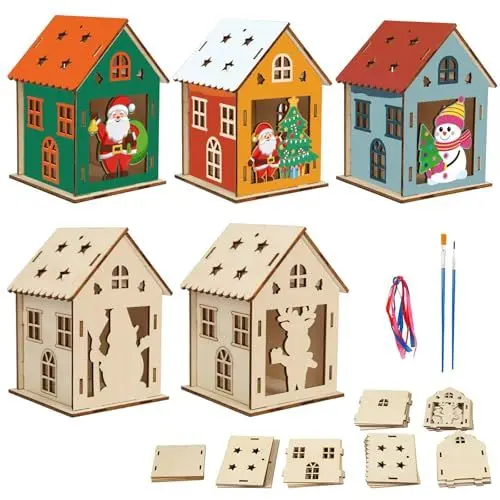 Produktbild: MONCAP 5 STK Weihnachtshaus Basteln Kinder Weihnachten Bastelset Holz Weihnachten Haus Kreativsets Weihnachten Deko Bastelset mit 2 Pinsel für Weihnachten Geschenk Winter Kreatives DIY Jungen Mädchen