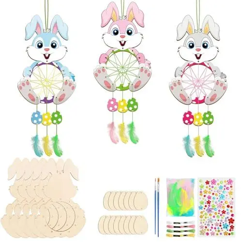 Produktbild: MONCAP 5 Stück Osterhasen Bastelset Kinder Ostern Holz zum Bemalen Osterhasen Kreativset Kinder Traumfänger Basteln für Mädchen Jungen Frühling Ostern Party Geschenk