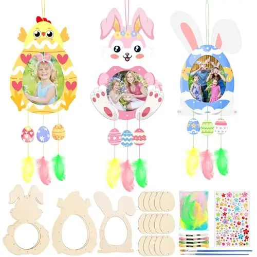 Produktbild: MONCAP 5 Stück Ostern Fotorahmen Basteln für Kinder Ostereier Osterhasen Kreativset Osterbasteln zum Bemalen Ostern Holzbastelset für Mädchen Jungen Frühling Kreative DIY Party Geschenke