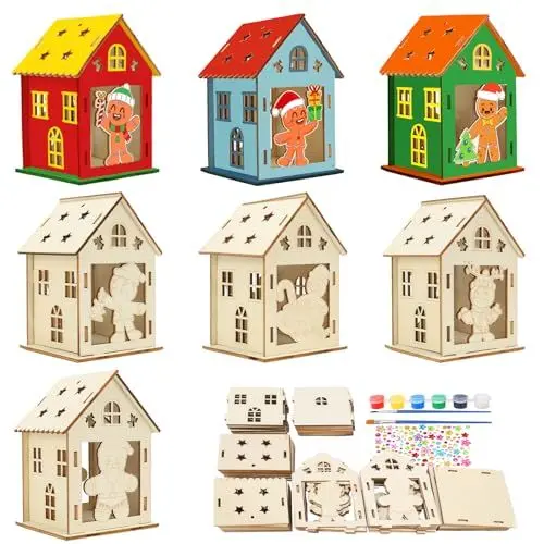 Produktbild: MONCAP 7 Stück Weihnachtshaus Basteln Kinder Weihnachten Bastelset Holz Lebkuchenmann Haus Kreativsets Weihnachten Deko Bastelset mit 2 Pinsel für Weihnachten Party Geschenk Winter Jungen Mädchen