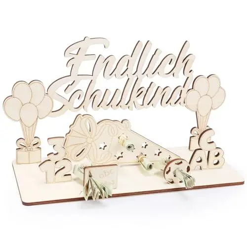 Produktbild: MONCAP Endlich Schulkind Geldgeschenk Holz Einschulung Geldgeschenk Schulanfang Geld Geschenk Tischdeko mit ABC Kreative Schultüte Füllung Schulkind Geschenk für Junge Mädchen Einschulungsgeschenk