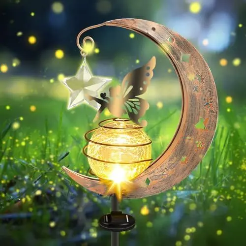 Produktbild: Mond Solarleuchten Garten im Freien, Solarlampe für Außen Metall Mond Solar LED Glaskugel Gartenleuchte, Elfe Wasserdichte Solarleuchte mit Erdspieß