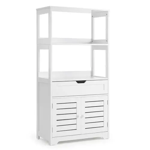 Produktbild: Mondeer Badezimmerschrank, Badschrank Hochschrank aus Holz mit Regal Schubladen und Türen, Modernes Design für Badezimmer Küche Flur Wohnzimmer, 60 x 30 x 119 cm, Weiß