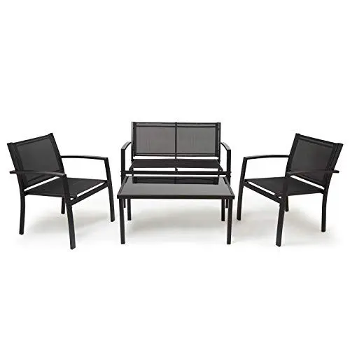 Produktbild: Mondeer Gartenmöbel 4er Set, Sitzgruppe im Garten und Balkon, Gartengarnitur mit DREI Stühlen und einem Glastisch, Schwarz