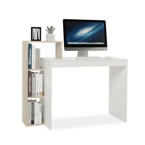 Produktbild: Mondeer Kleiner Schreibtisch, Moderner Computertisch mit 3-stöckiges Regal, Platzsparend, 110 x 40 x 92 cm, Geeignet für Heimbüro Arbeitszimmer Kleiner Platz, Weiß und Eichefarben